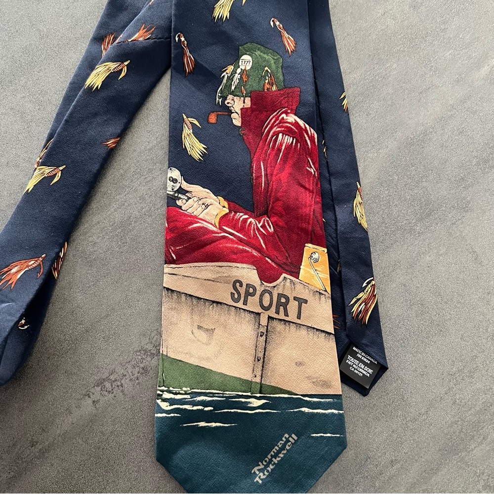 VTG 1994 Norman Rockwell Fly Fishing Fisherman Silk Tie Saturday‎ Evening Post - Picture 2 of 8
